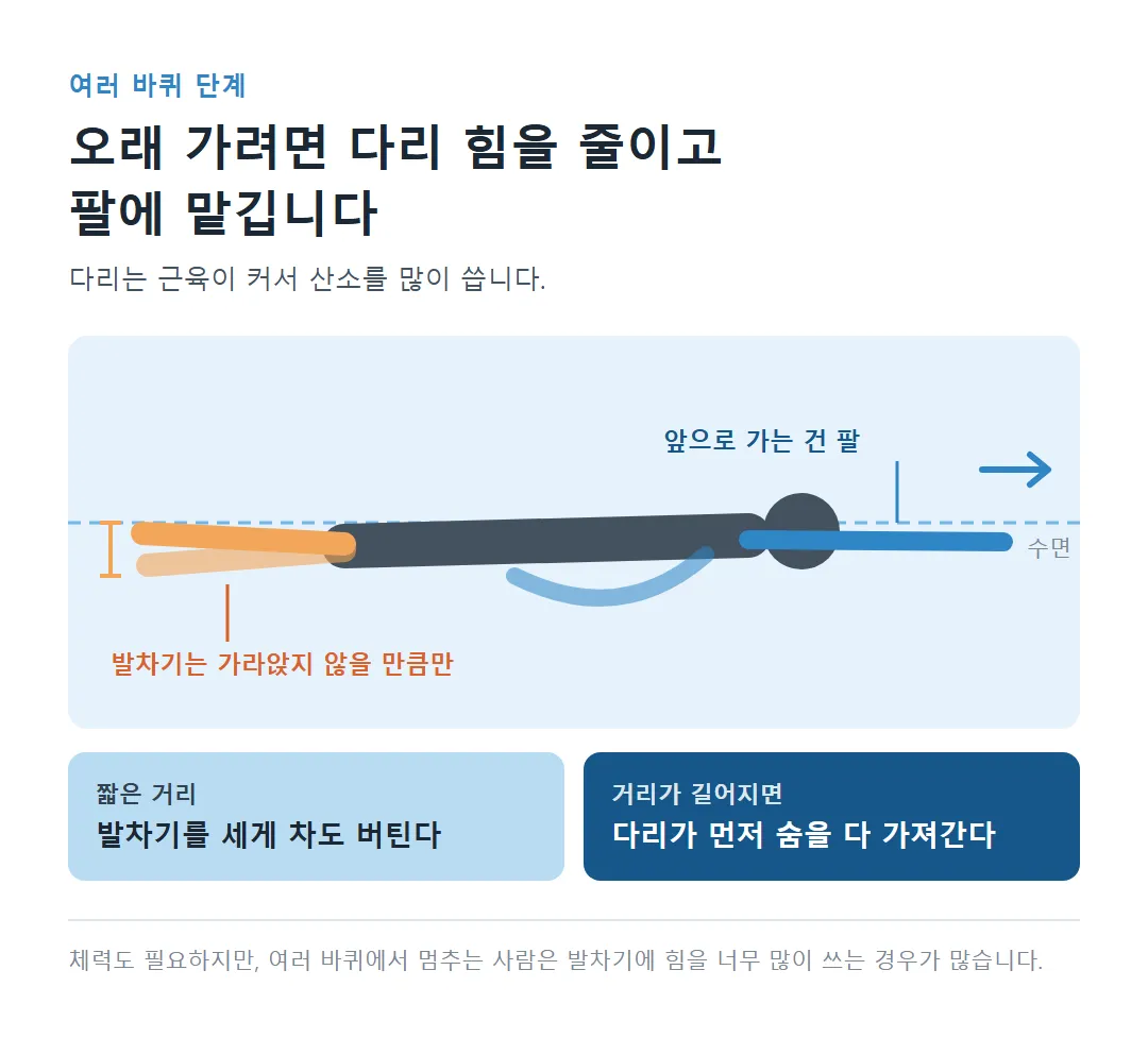 옆에서 본 자유형: 발차기는 몸이 가라앉지 않을 만큼만, 앞으로 가는 건 팔에 맡기는 역할 나누기