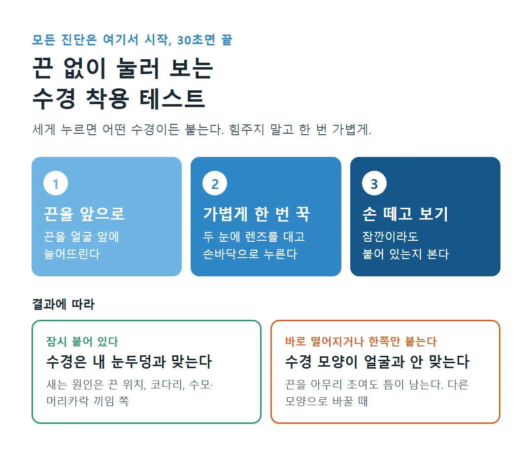끈 없이 눈에 눌러 보는 수경 착용 테스트