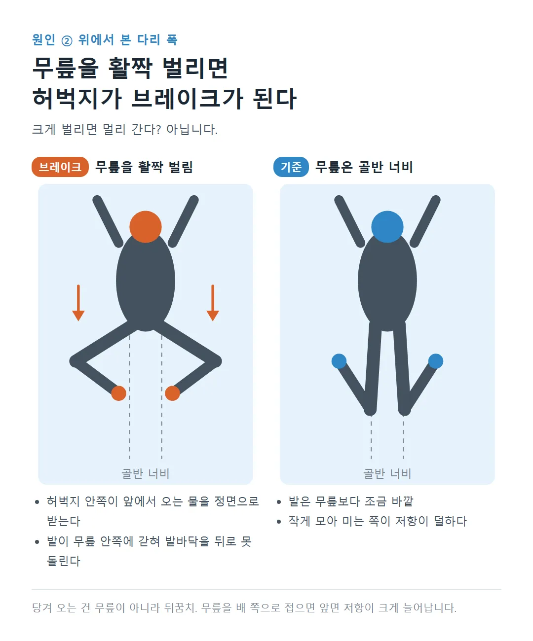 위에서 본 평영 다리, 무릎을 활짝 벌린 자세와 무릎은 골반 너비에 발은 조금 바깥인 자세 비교