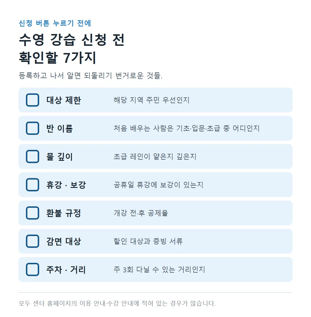 수영 강습 신청 전에 확인할 것 체크리스트