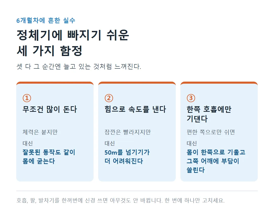 많이 돌기, 힘으로 속도 내기, 한쪽 호흡에만 기대기 세 가지 함정과 그 결과