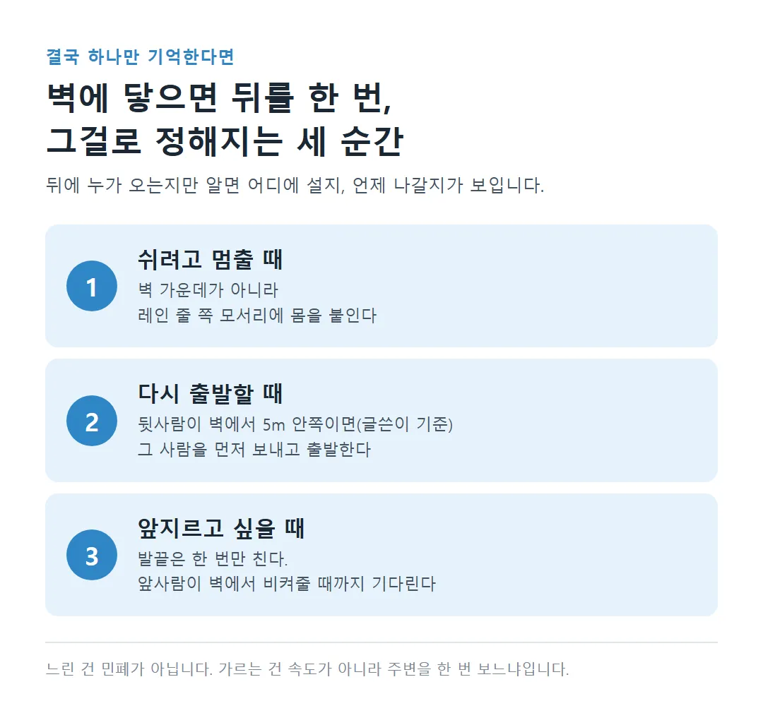 벽에 닿으면 뒤를 한 번 보고 정하는 세 순간: 쉬려고 멈출 때, 다시 출발할 때, 앞지르고 싶을 때