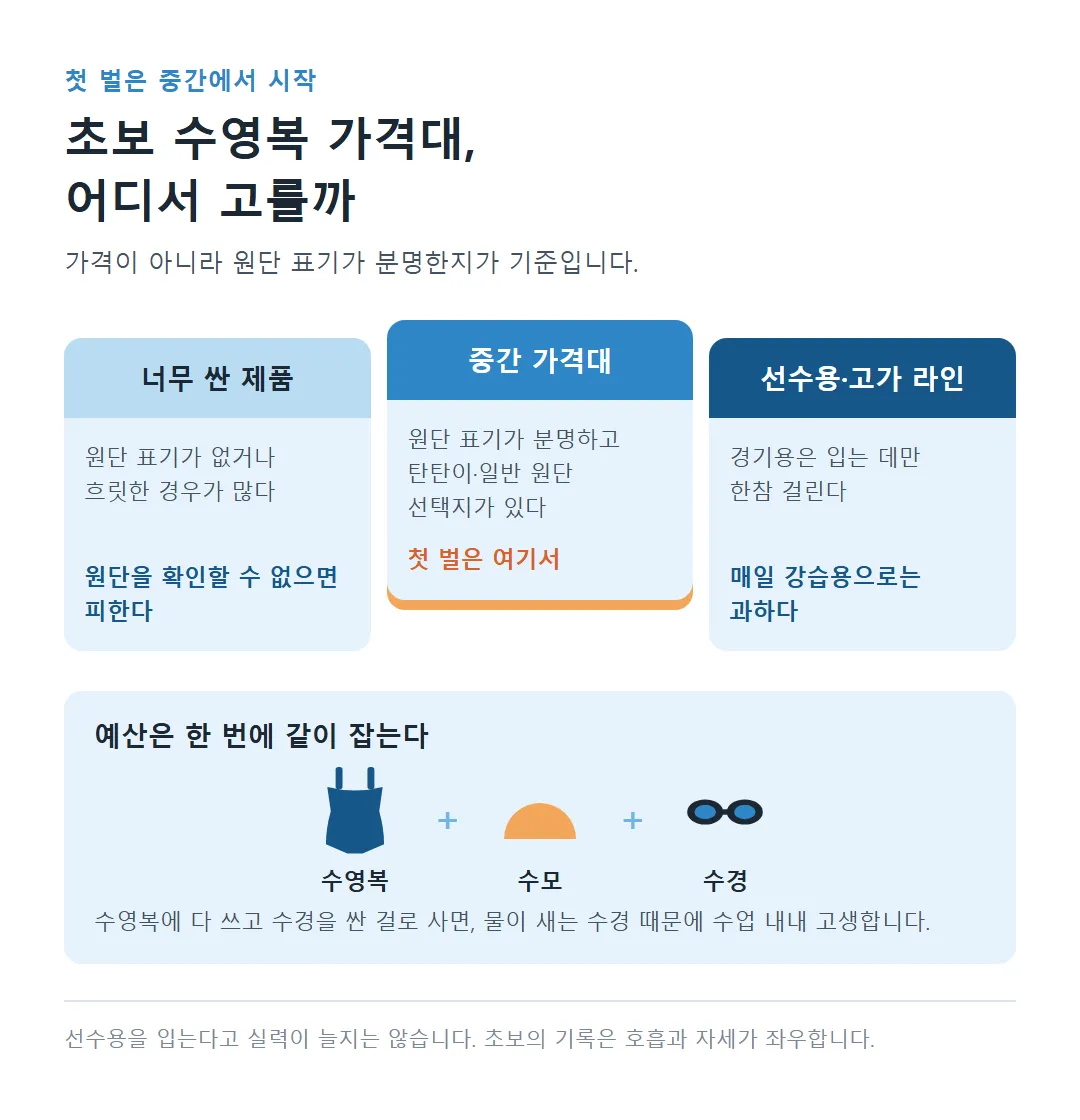 너무 싼 제품·중간 가격대·선수용 고가 라인 비교와 수영복·수모·수경 예산을 같이 잡으라는 그림
