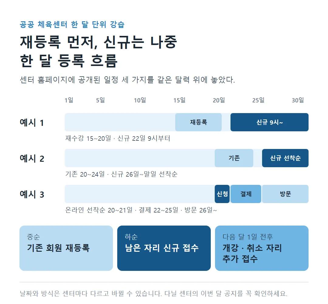 공공 체육센터 수영 강습 한 달 등록 흐름 재등록과 신규 접수