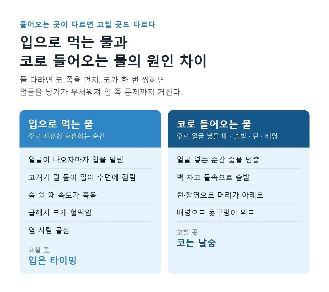 입으로 먹는 물과 코로 들어오는 물의 원인 차이