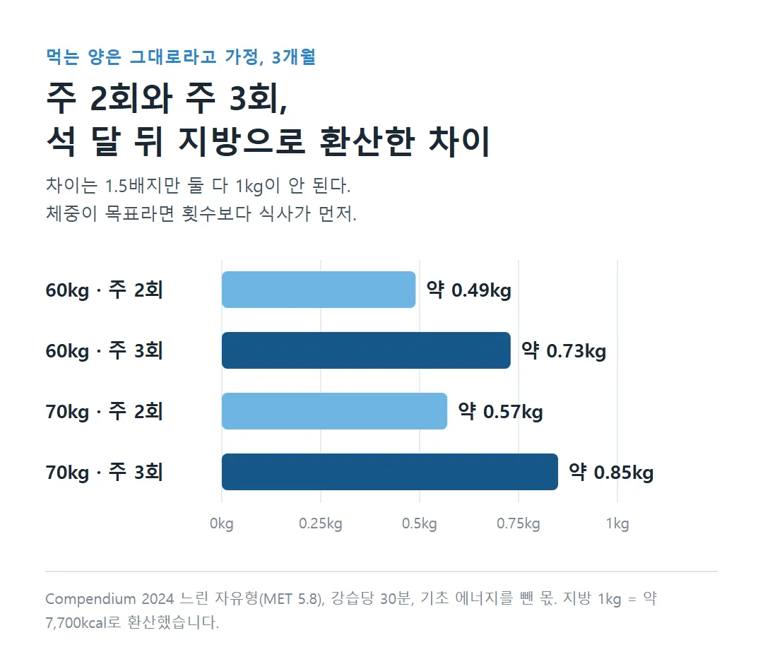 체중 60kg 70kg 주 2회와 주 3회 석 달 지방 환산 비교