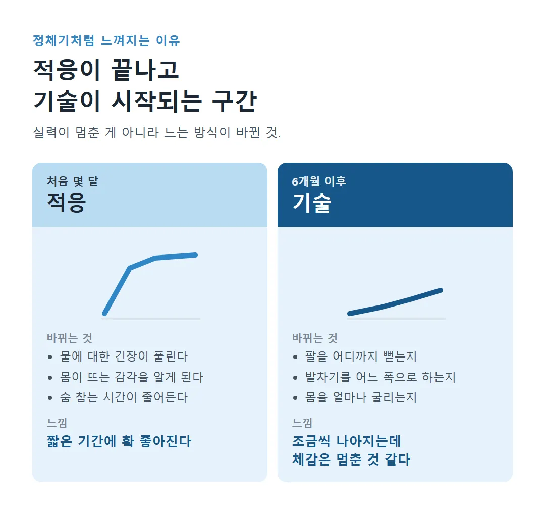 처음 몇 달은 적응으로 확 늘고 6개월 이후에는 세부 기술이 바뀌어 체감이 멈춘 듯한 차이