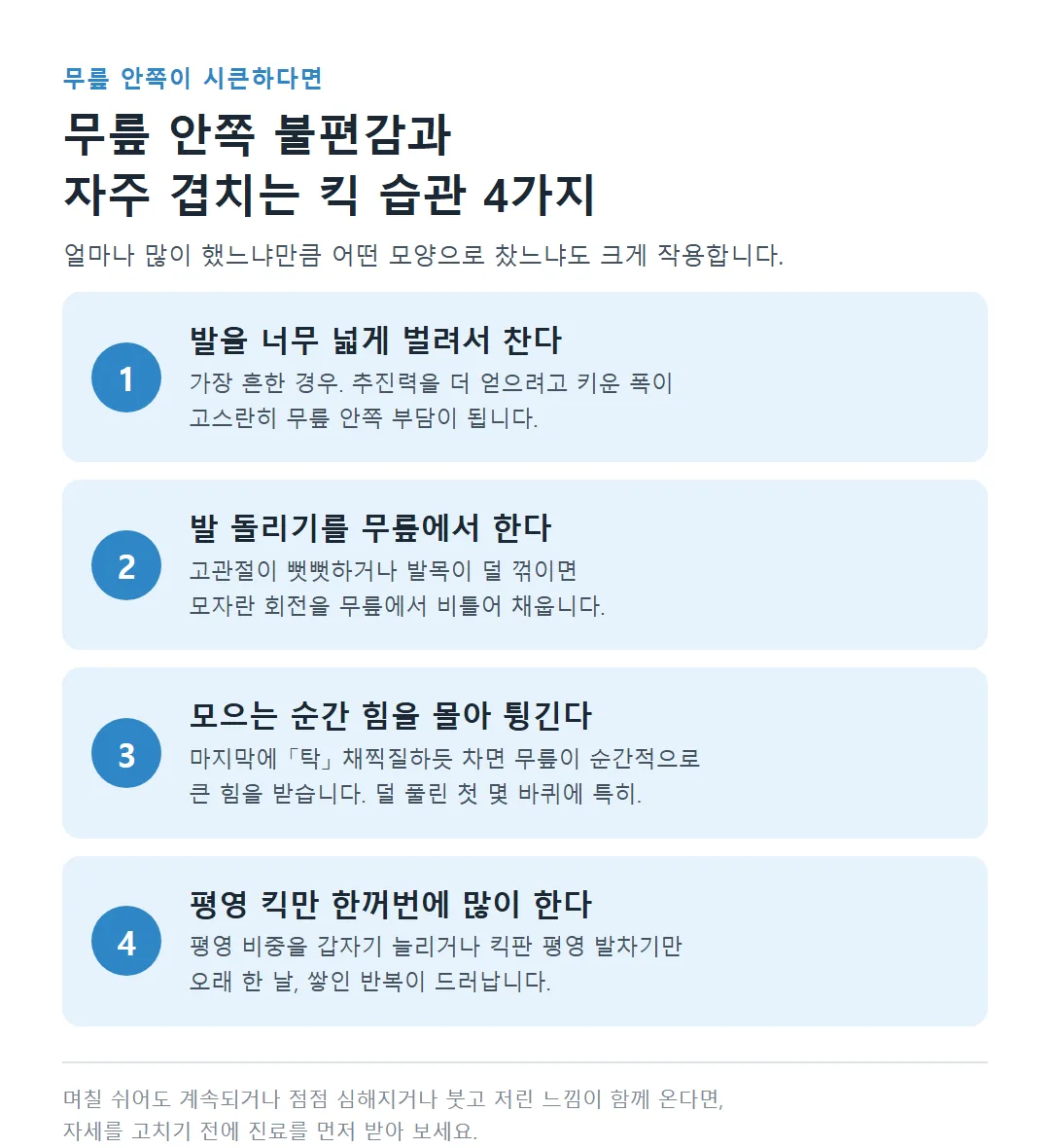 무릎 안쪽 불편감과 자주 겹치는 평영 킥 습관 4가지 카드
