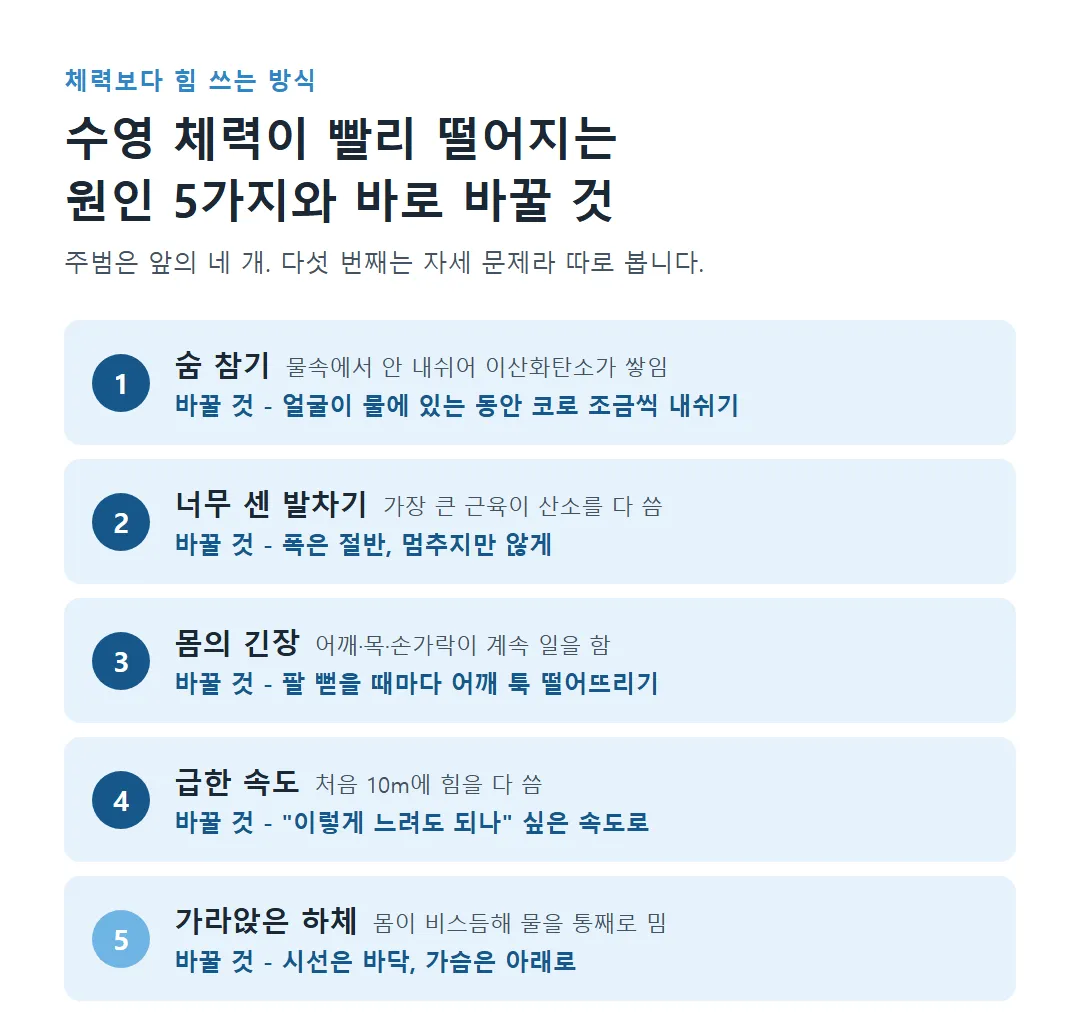 수영 체력이 빨리 떨어지는 원인 5가지와 바로 바꿀 것